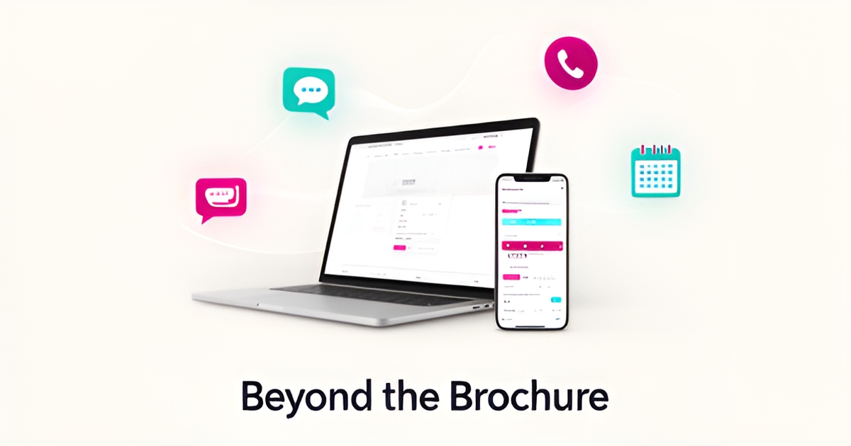 Flat illustration of a laptop and phone with AI chat, voice, and booking icons connected by flowing lines in teal and magenta accents.